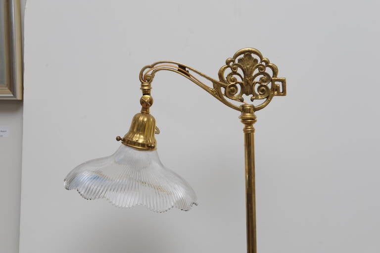 American Solid Brass Floor Lamp wit Holophane Shade, C. 1940