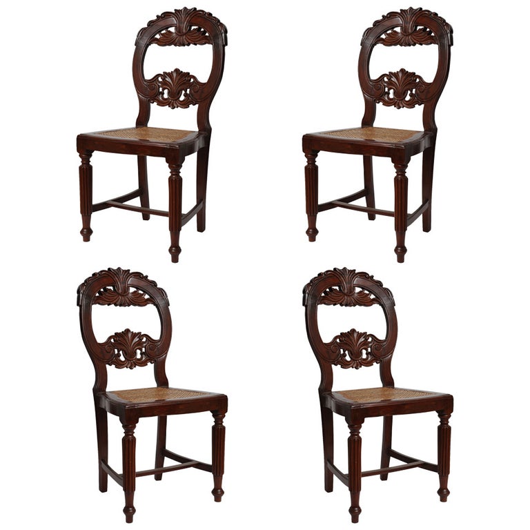 Set of Four Rare 19th Century Portuguese Goa Rosewood Dining Chairs For Sale