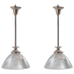 Pair of Lead Crystal Holophane Shades on Nickel Pendants