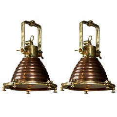 Pair Of Mid Century Nautical Ship's Deck Lights Made Of Copper And Brass