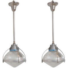 Pair of Early 1900's Lead Crystal Holophane Shades on Nickel Stems 10