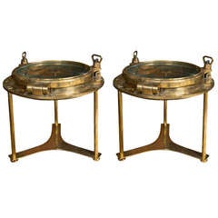 Vintage Pair of Nautical Ship's Solid Brass Portholoes Repurposed to Side Tables