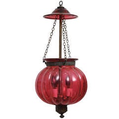 Antique Late 19th Century Cranberry Melon-Shaped English Hall Lantern