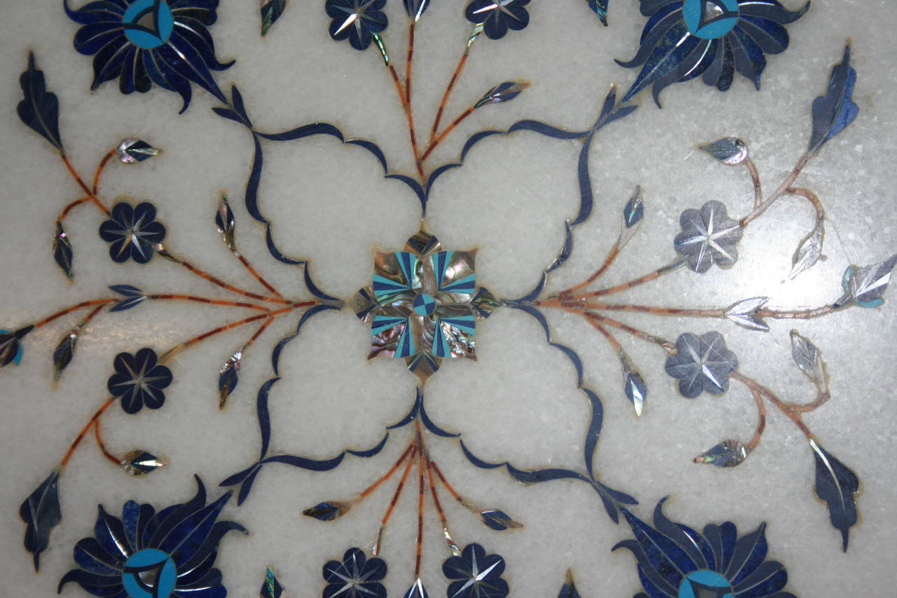 Pietra Dura Marble and Semi-Precious Stone Inlay Table Top on Iron Base In Excellent Condition In Nantucket, MA