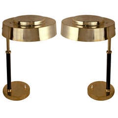 Pair of Nautical Ship's Stateroom Brass Table Lamps with Leather Stems