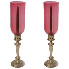 Pair of 19th Century Cranberry Hurricane Shades on Silver Plated Candlestick Bas