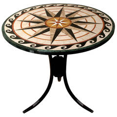 Vintage Pietra Dura Semi-Precious Stone Compass Rose Table Top on Iron Base