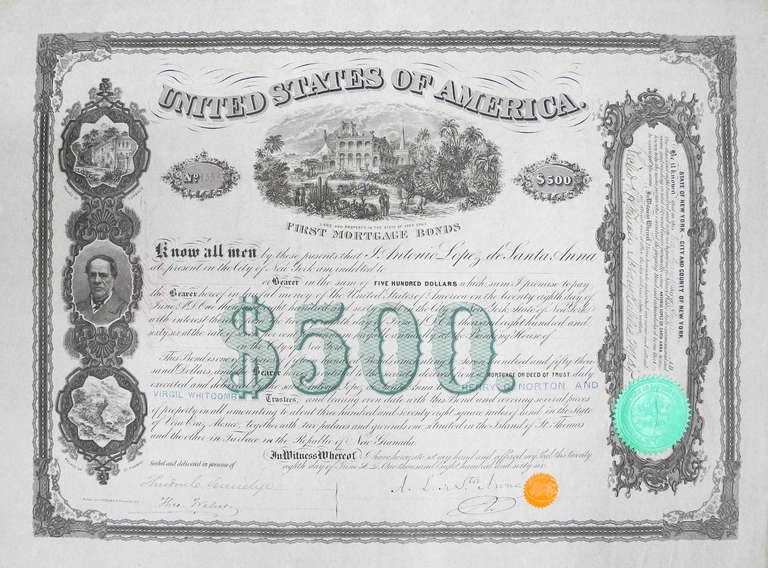 500 dolars Bail Bond Signed By Mexican Ex-President Antonio López de Santa Anna when he pawned his properties for 10 million dollars.
Dated June 28th 1866