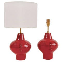 Pair of Red Ceramic Biomorphic Lamp Bases Signed by DaLo