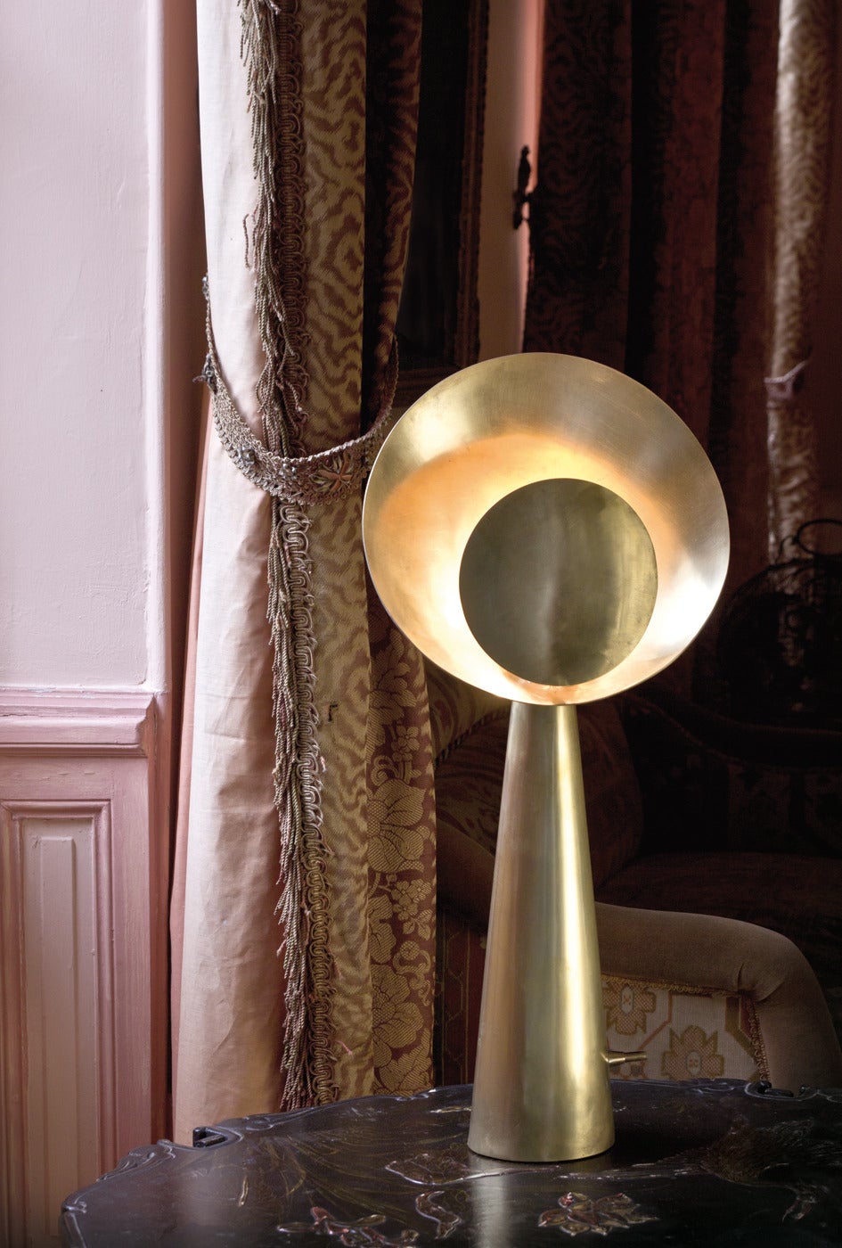 Modern Gilded Brass Table Lamp with Reflector