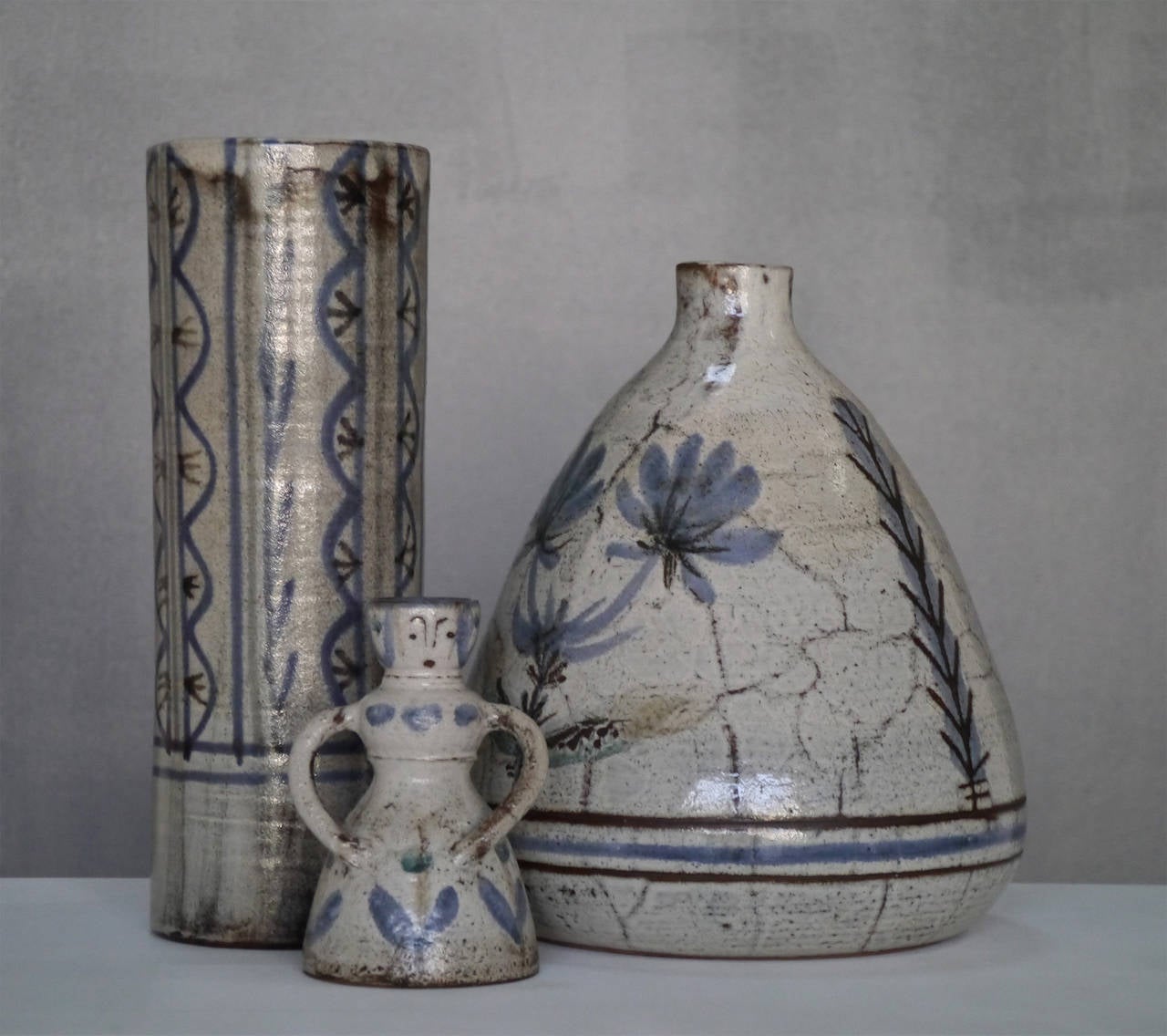 Glazed Three Stoneware Shapes by Gustave Raynaud and Jean Derval, Vallauris, circa 1950 For Sale