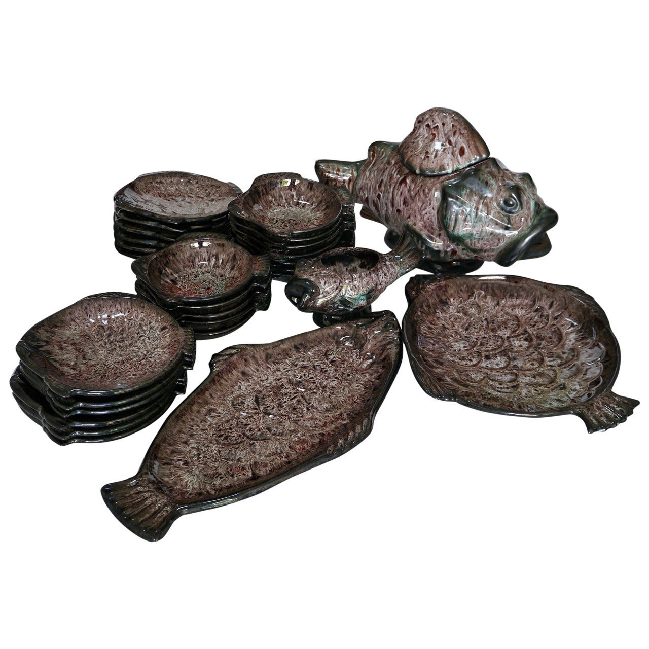 Complete Fish Service by Marius Giuge, Vallauris, circa 1950 For Sale