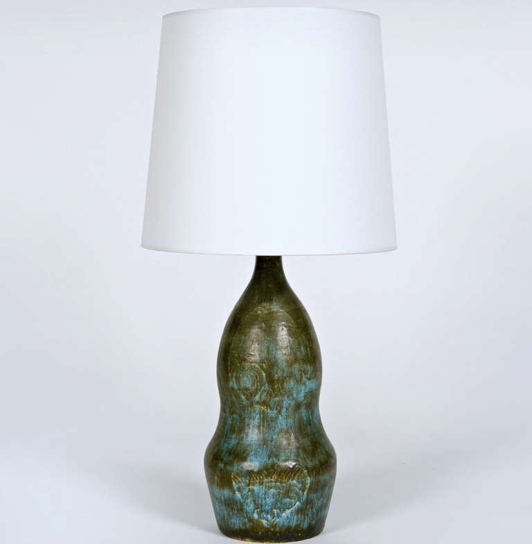 Mid-Century Modern Green and Blue Ceramic Lamp-base Signed by Les deux Potiers