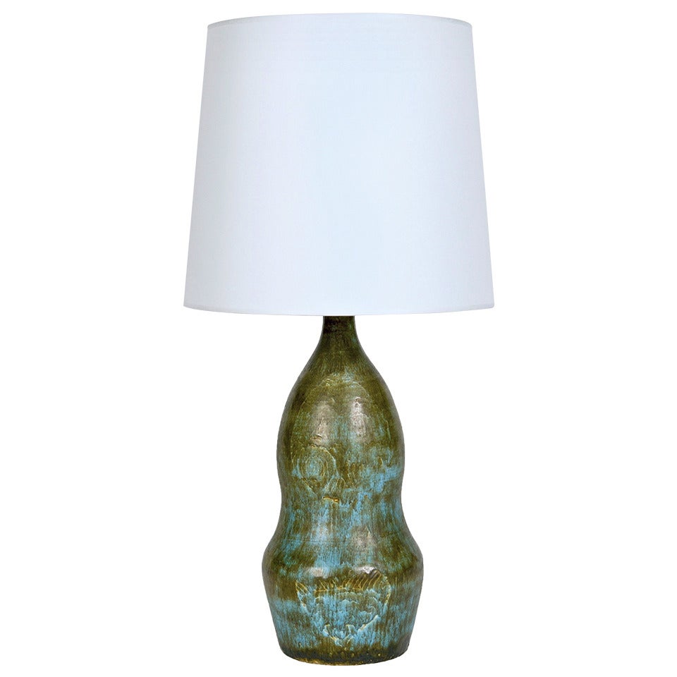 Green and Blue Ceramic Lamp-base Signed by Les deux Potiers