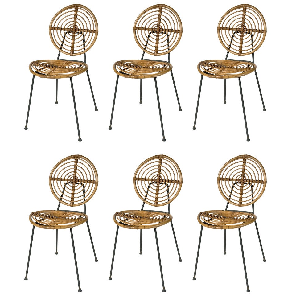 Midcentury Rattan Chairs on Metal Frame by Thonet