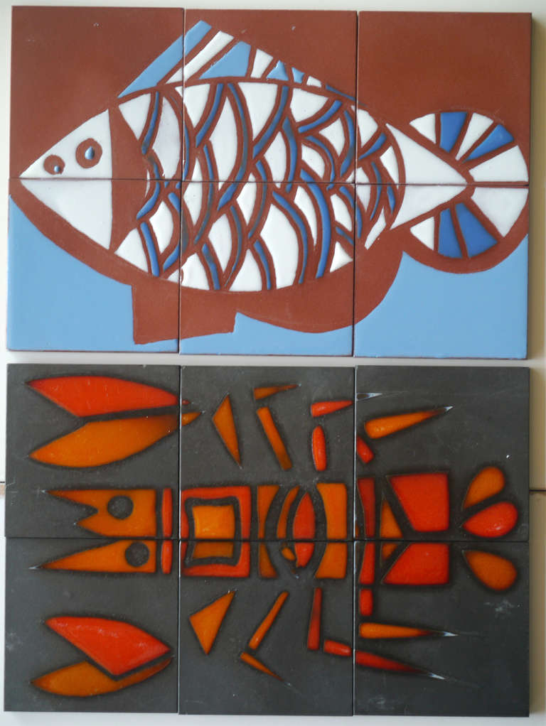 Mid-20th Century Whole Set of Six Art Tiles by Roger Capron For Sale