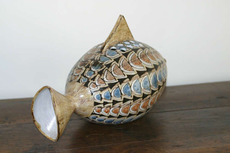 Mid-20th Century Rare 1960s Ceramic Fish Vase by Jean-Claude Malarmey, Vallauris For Sale