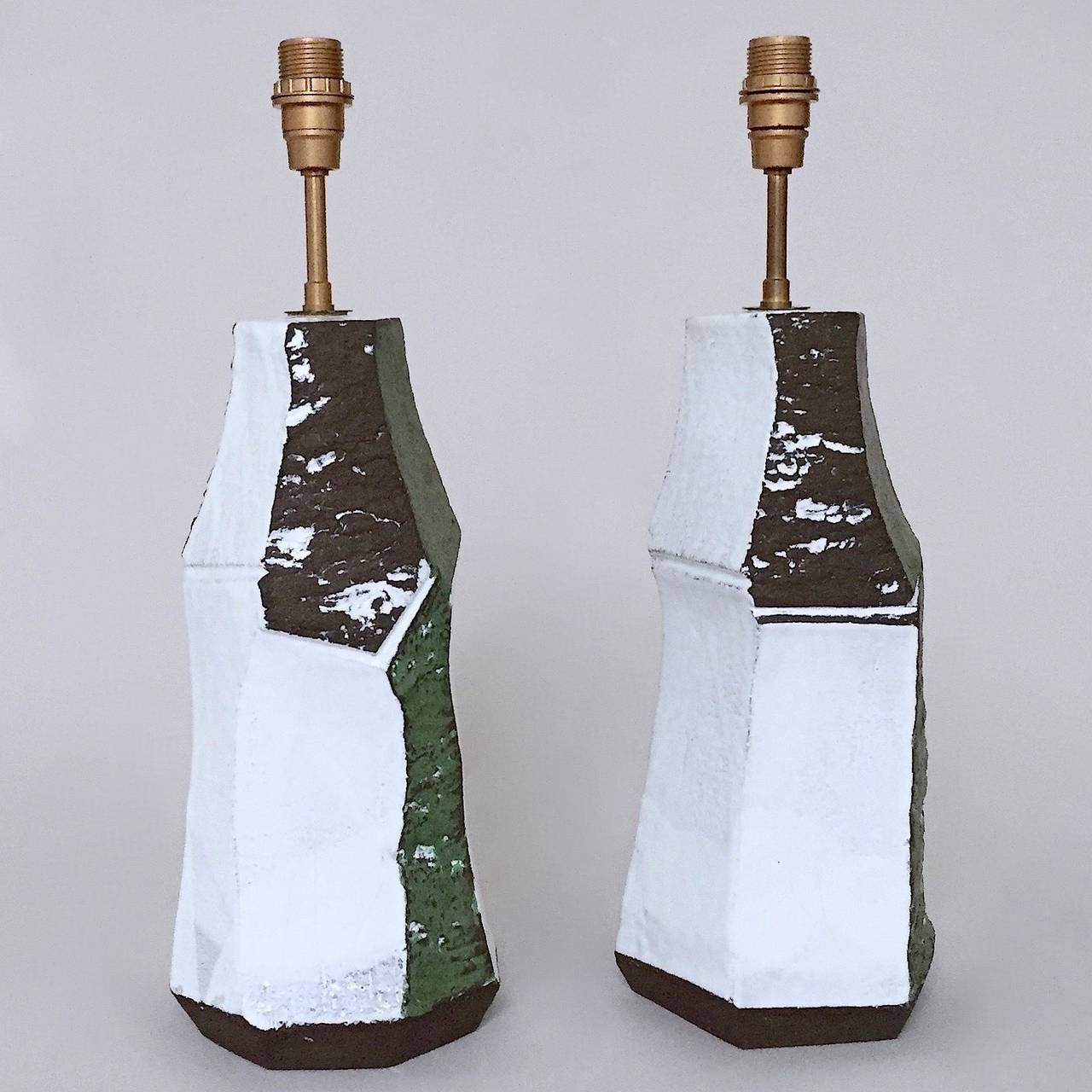 Modern Pair of Faceted Ceramic Lamp-Bases