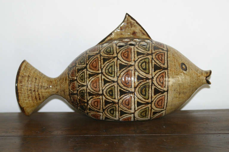 Glazed Rare 1960s Ceramic Fish Vase by Jean-Claude Malarmey, Vallauris For Sale