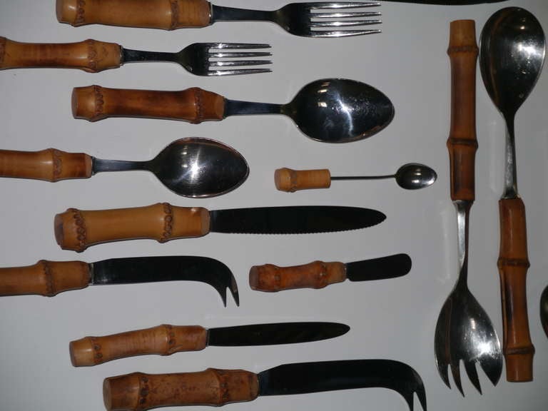 French Flatware Set with Bamboo Handles - Philippe Capelle - France - circa 1960 In Good Condition In Saint Ouen, FR