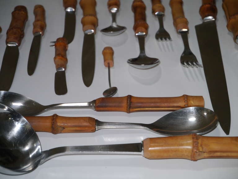 Stainless Steel French Flatware Set with Bamboo Handles - Philippe Capelle - France - circa 1960
