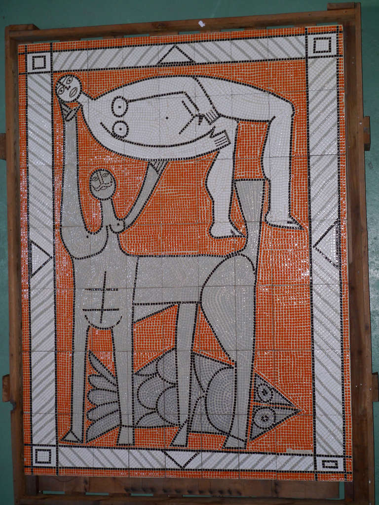 Decorative panel signed and dated 1975.
It consists of 63 white clay tiles stamped and filled with glaze. It is set on a wooden board and a metal structure.

Roger Capron had developed this technique to get as close as mosaic result. Very few
