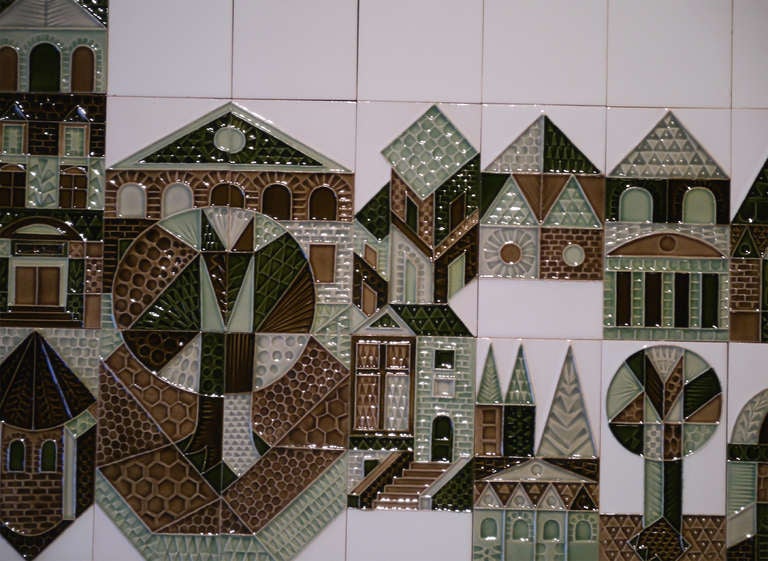 A wonderful and complete set of 27 embossed tiles, plus eight coordinated white, picturing a naive landscape in the "Morzine" pattern created by Roger Capron in 1972.
Thin faience with transparent glaze.
They have never been used and can