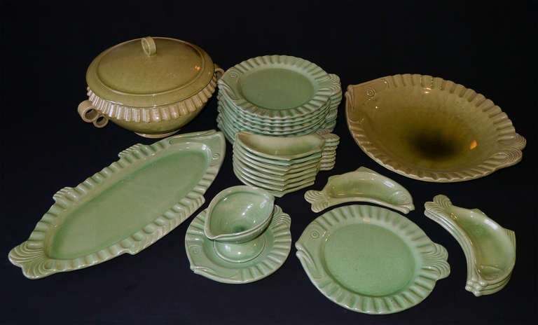 Art Deco Majolica Fish Service by Cerenne - Vallauris France