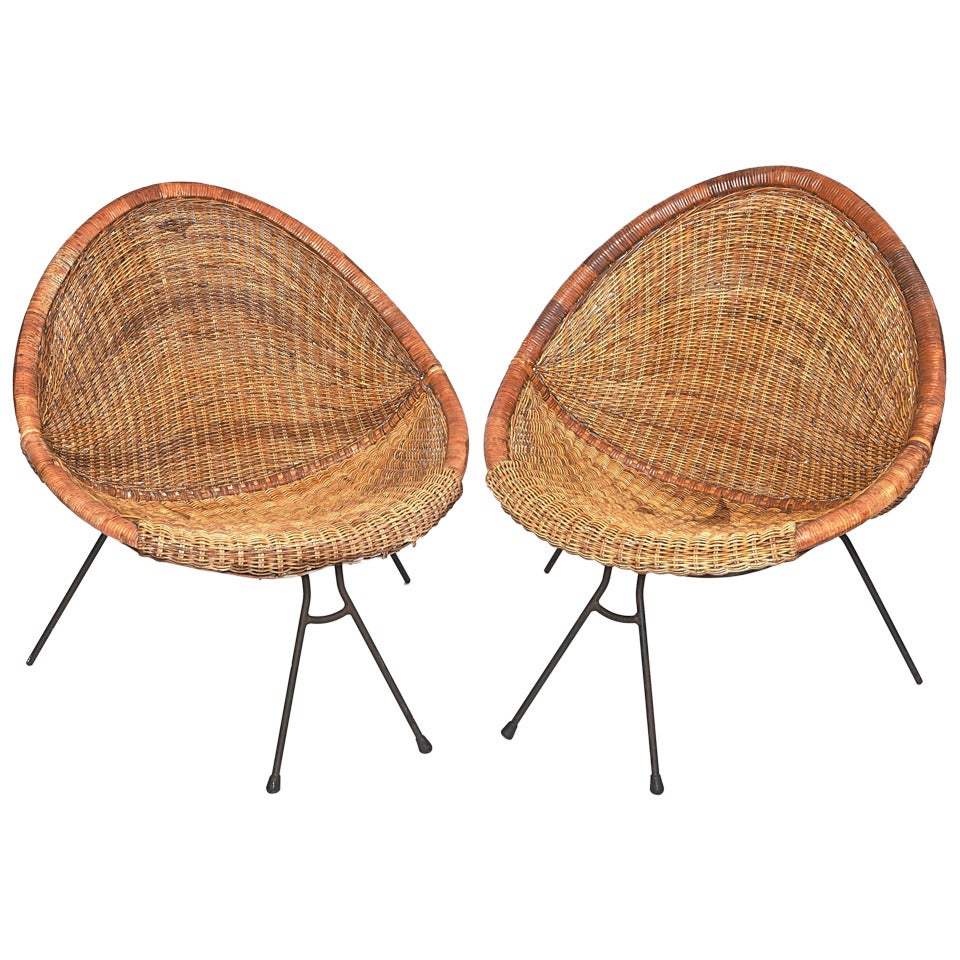 Pair of Vintage Wicker and Metal Chairs