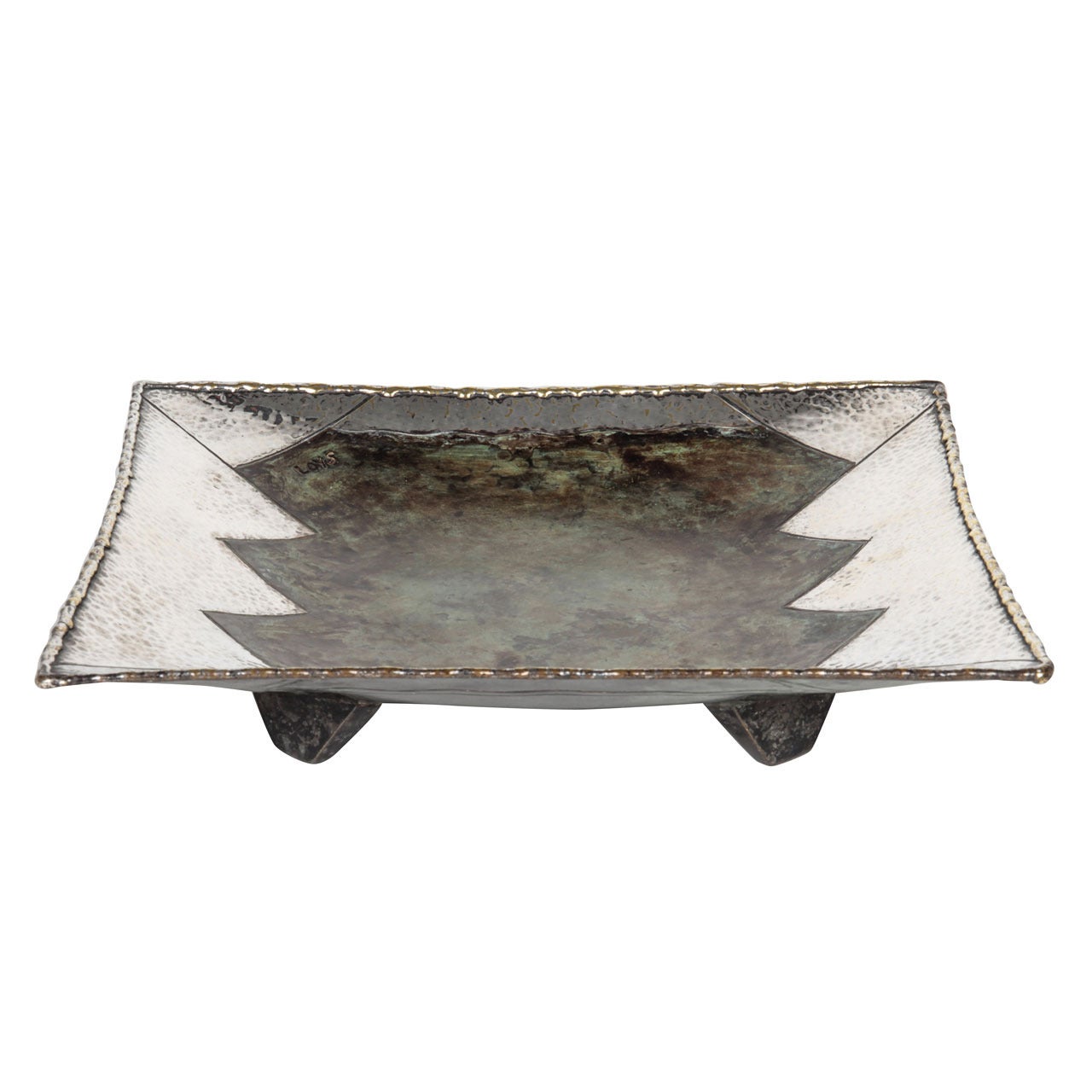 Loys Lucha / French Art Deco Dinanderie “Zig Zag” Square footed dish c. 1925 For Sale