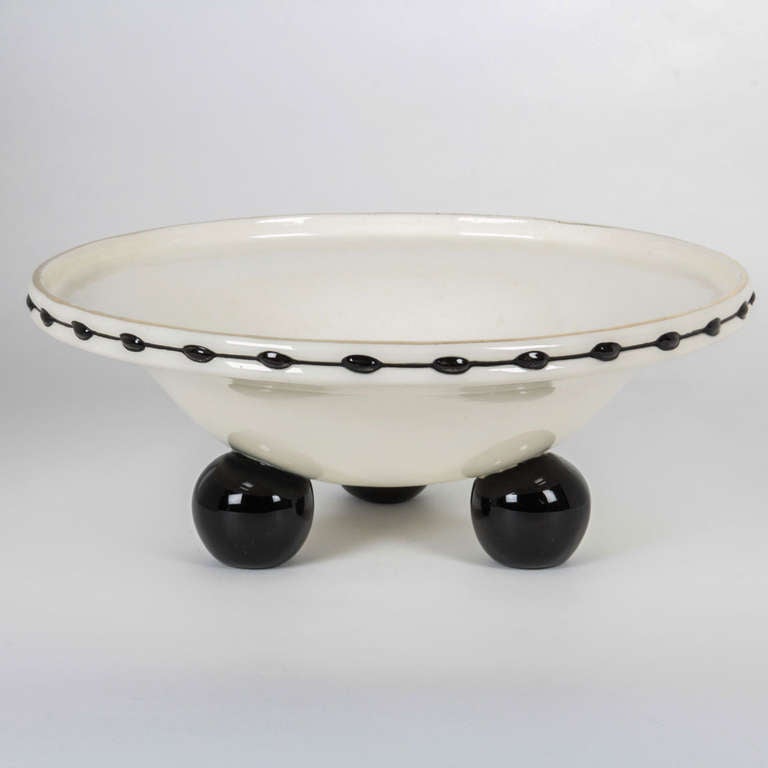 20th Century Czech Cubist Julius Dressler Art Pottery Black and White Ceramic Bowl, 1910 For Sale