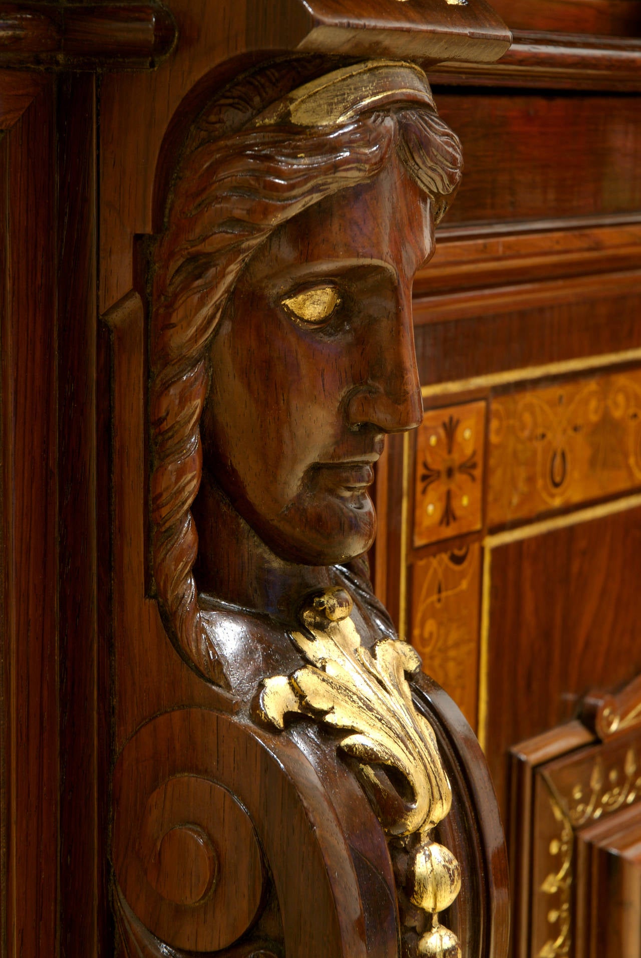 GUSTAVE HERTER (1839-1883) b. Germany/New York

Renaissance revival “portrait” cabinet   1858 – 1864

Carved cherry wood portrait plaque, mahogany, exotic wood inlays and gilding; black and gold veined marble top

Marks: G. Herter / New York
