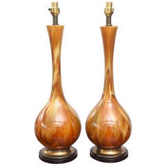 Pair of Monumental Amber Drip Glaze Table Lamps, 1950s USA 6