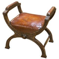 19th Century Leather and Oak "X Framed" Stool