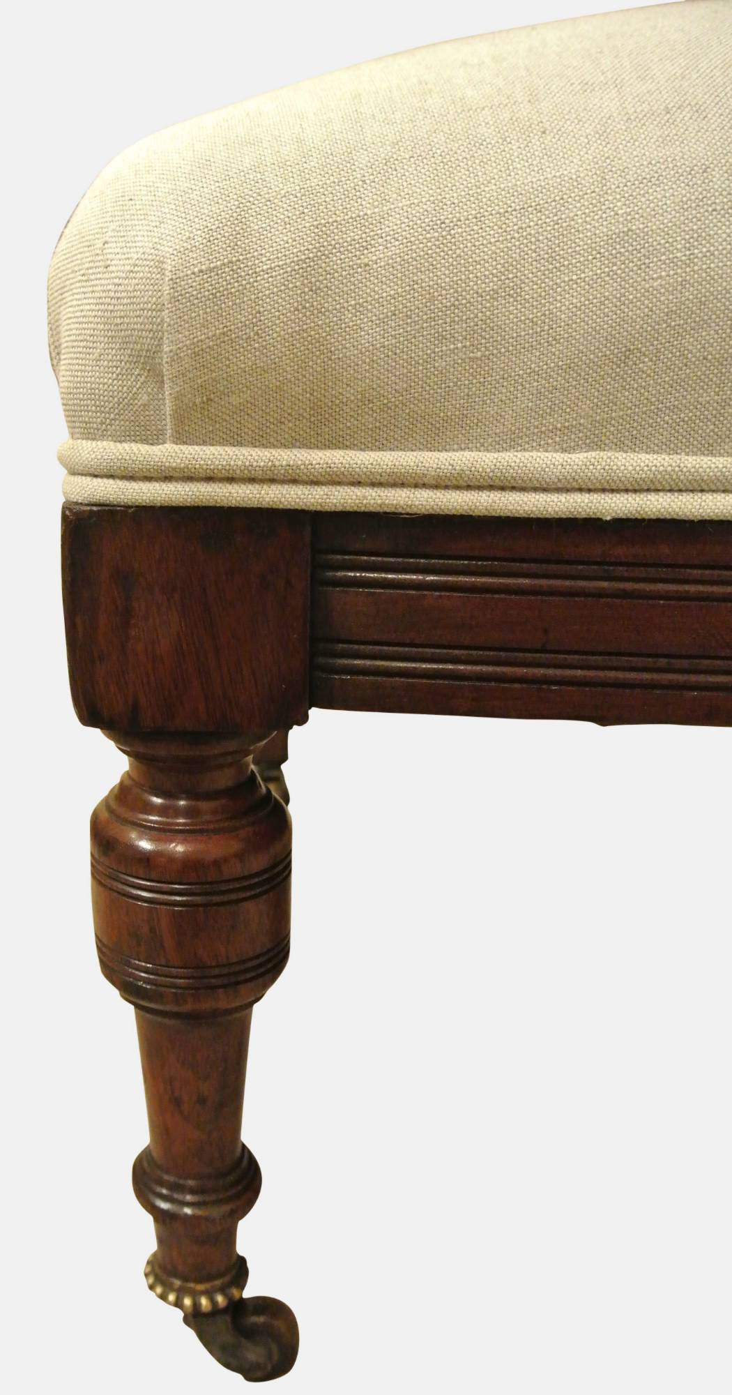 A handsome pair of late Victorian mahogany bedroom chairs reupholstered in a contemporary linen fabric.