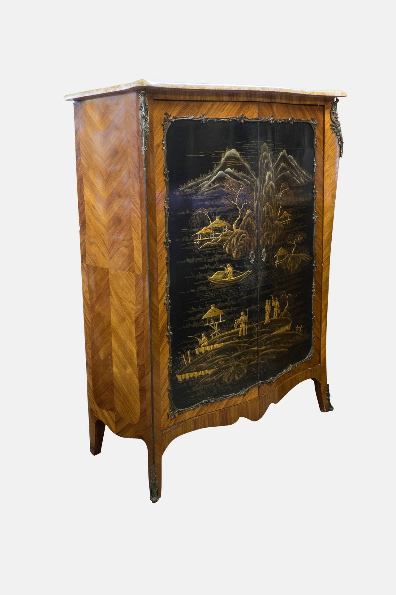 Large Chinoiserie Marble-Top Cabinet