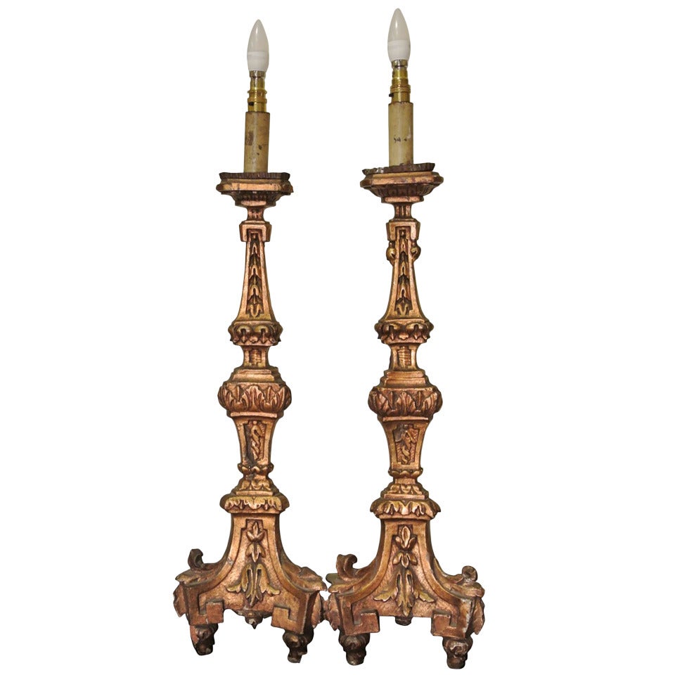 Pair of Early 18th Century, Italian Altarsticks Converted to Lamps