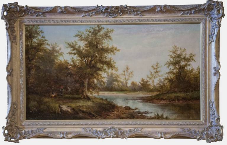 A mid-19th century oil on canvas by J Westall of a woodland scene by a river. The painting having been recently cleaned and reframed.