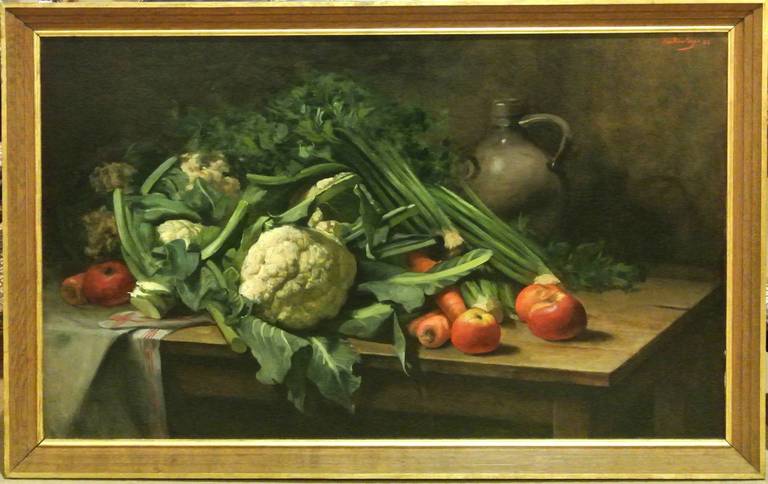 An impressive large still life of vegetables and jar on a table, oil on canvas by medal winning artist Paul La Boulaye. Other works of his can be found in the French museum Anne De Beaujeu.