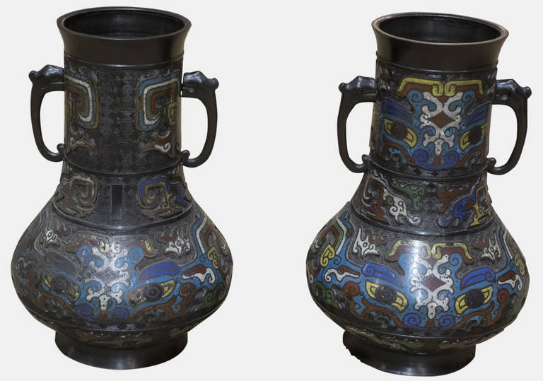 Decorative pair of 'Great Ming' Champleve enamel and bronze vases of archaic form.