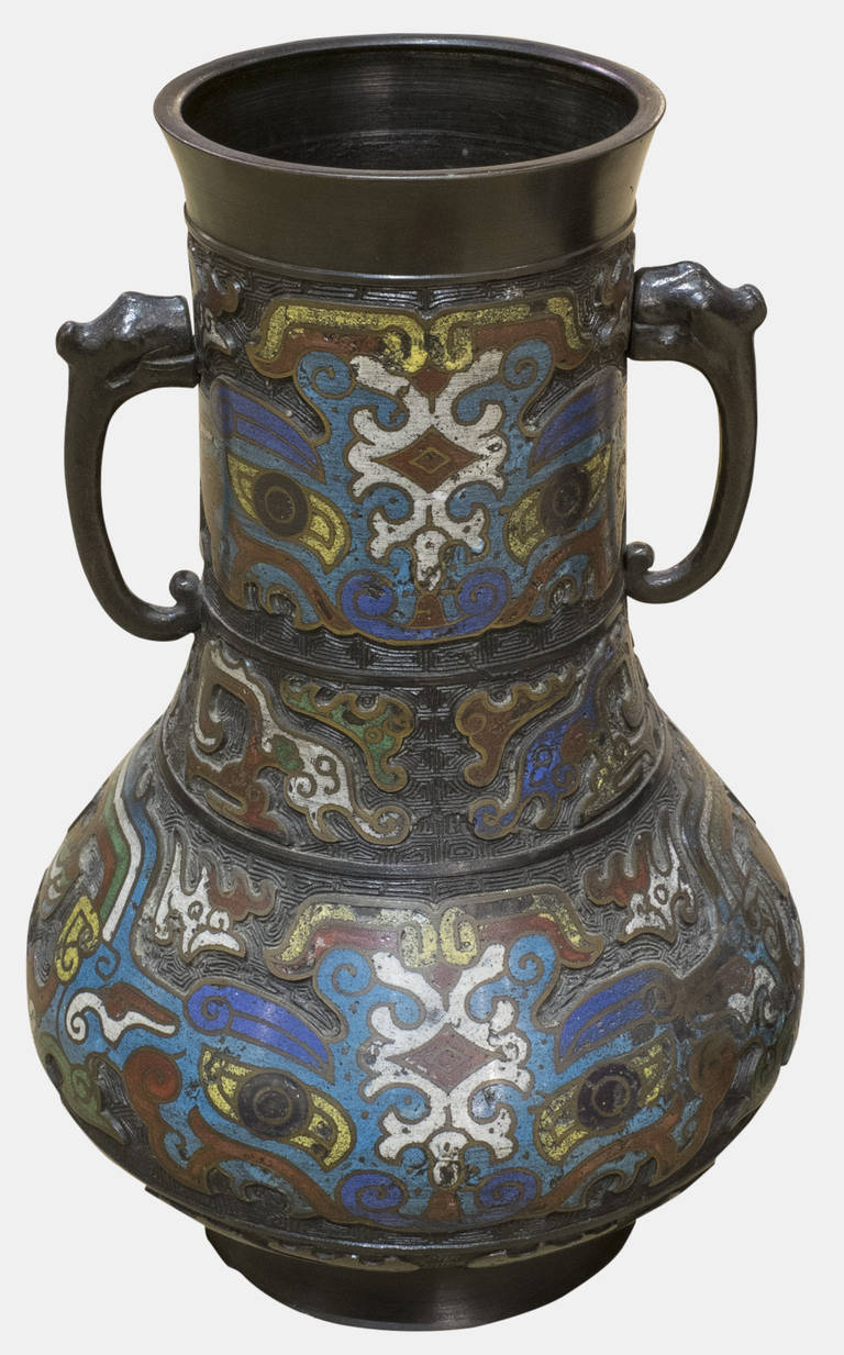 Chinese Export 19th Century Archaic Reptile 'Great Ming' Champleve Enamel & Bronze Vases, Pair
