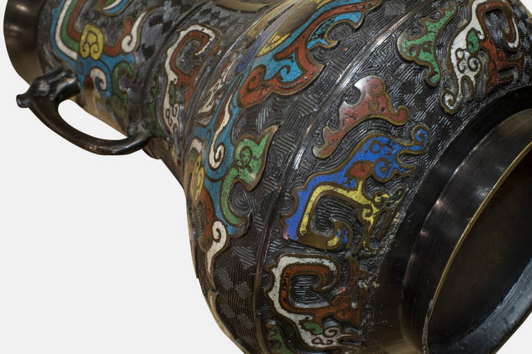 Champlevé 19th Century Archaic Reptile 'Great Ming' Champleve Enamel & Bronze Vases, Pair
