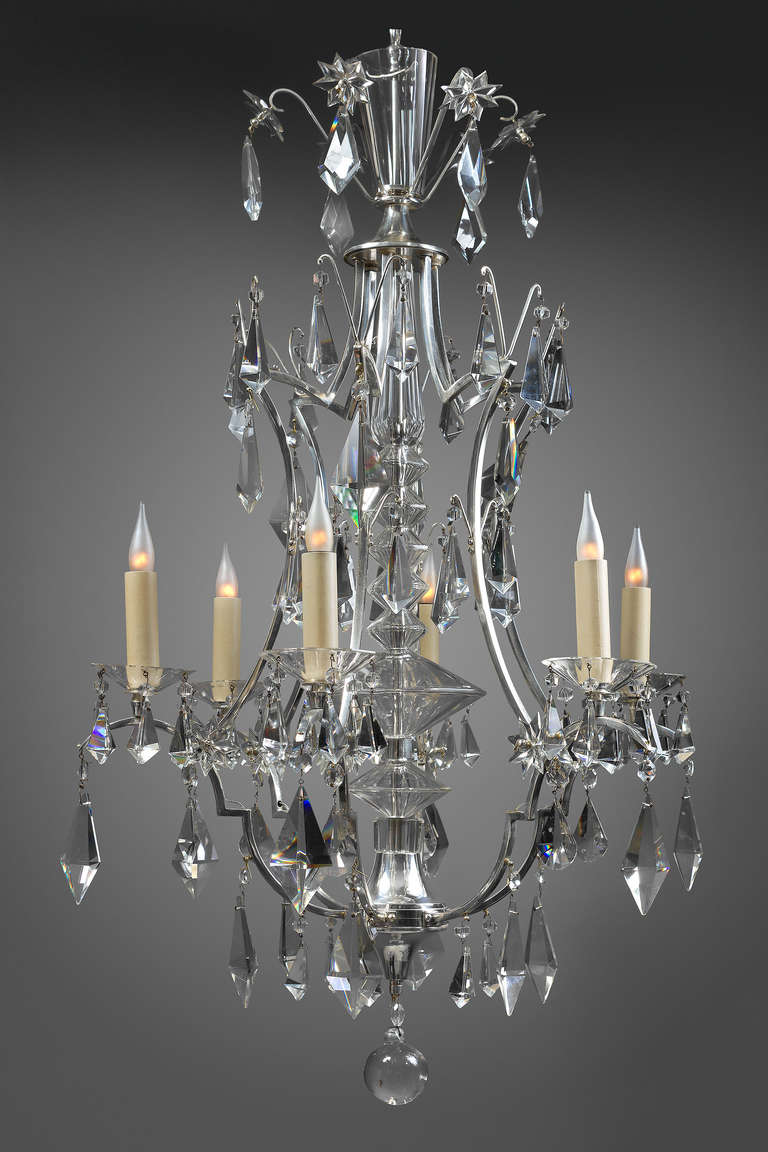 Silvered metal cage frame chandelier. France circa 1950