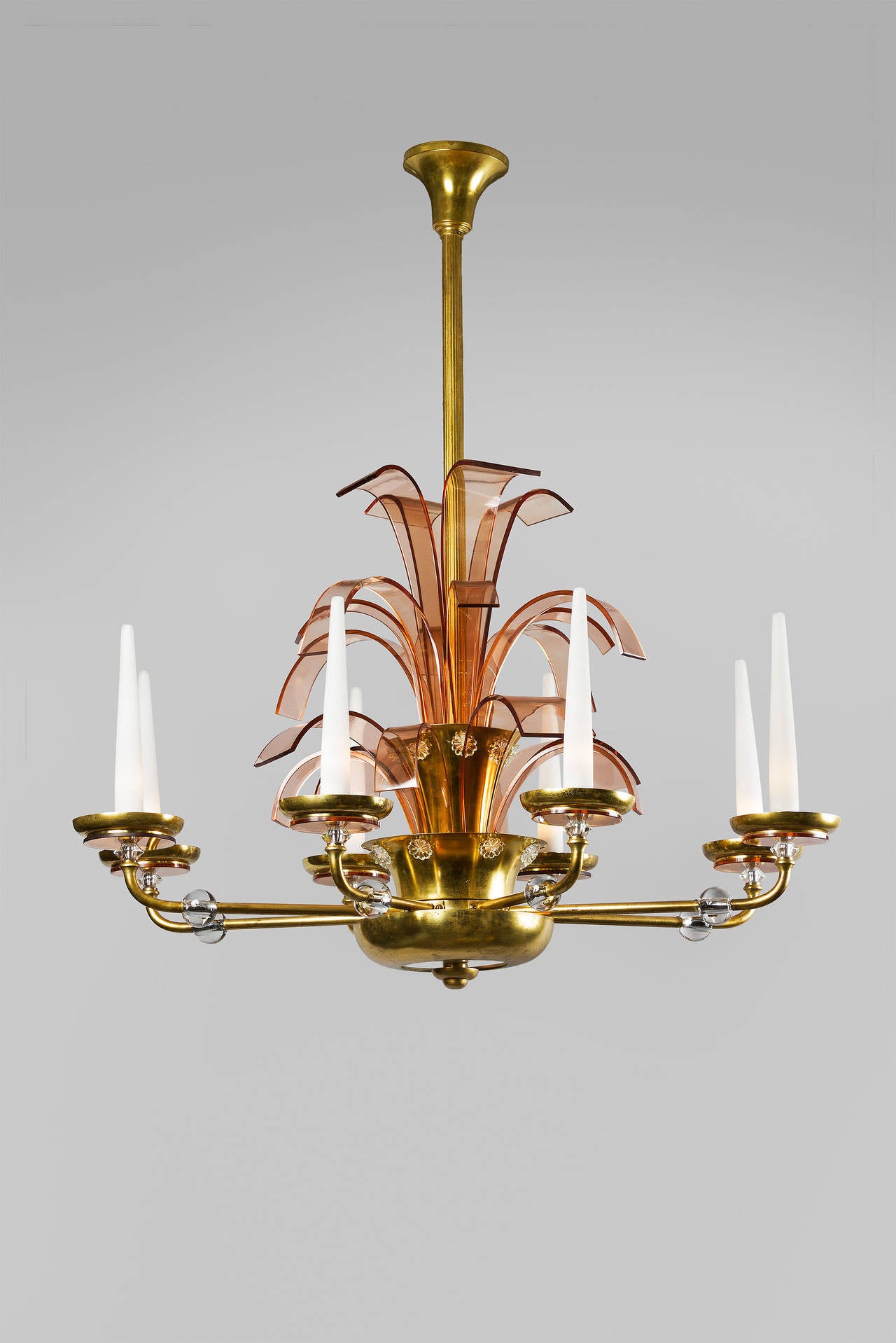 Large Glass and Brass Chandelier, France circa 1940