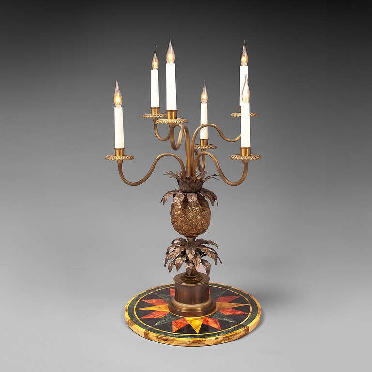 Table lamp with six lights in patinated brass 
Model 
