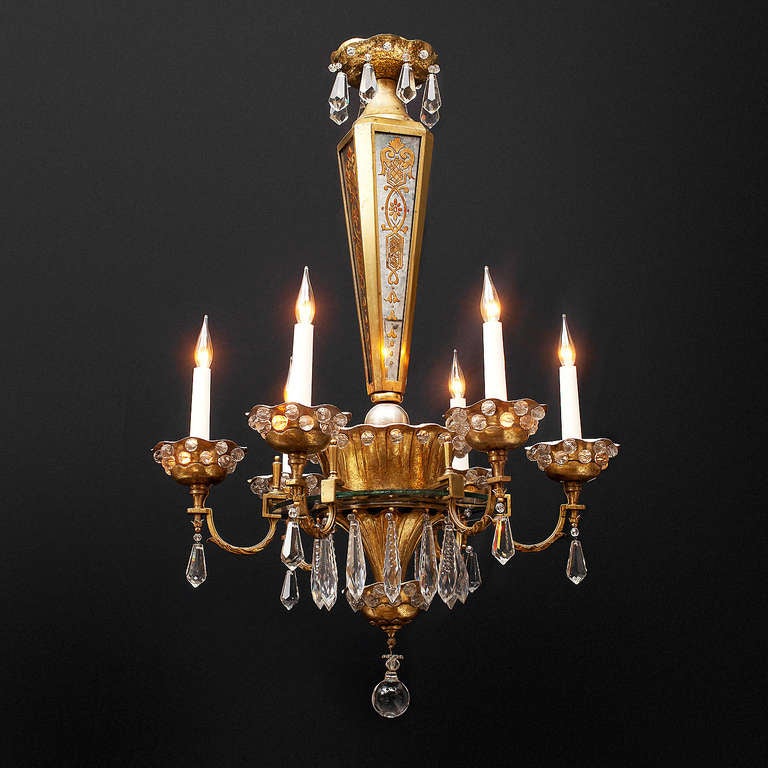 Bronze chandelier with reverse painted mirrors