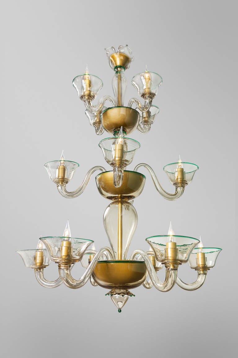 Smoked blown glass Murano chandelier
Italy circa 1940
Green borders on each cup 
14 lights on 3 levels