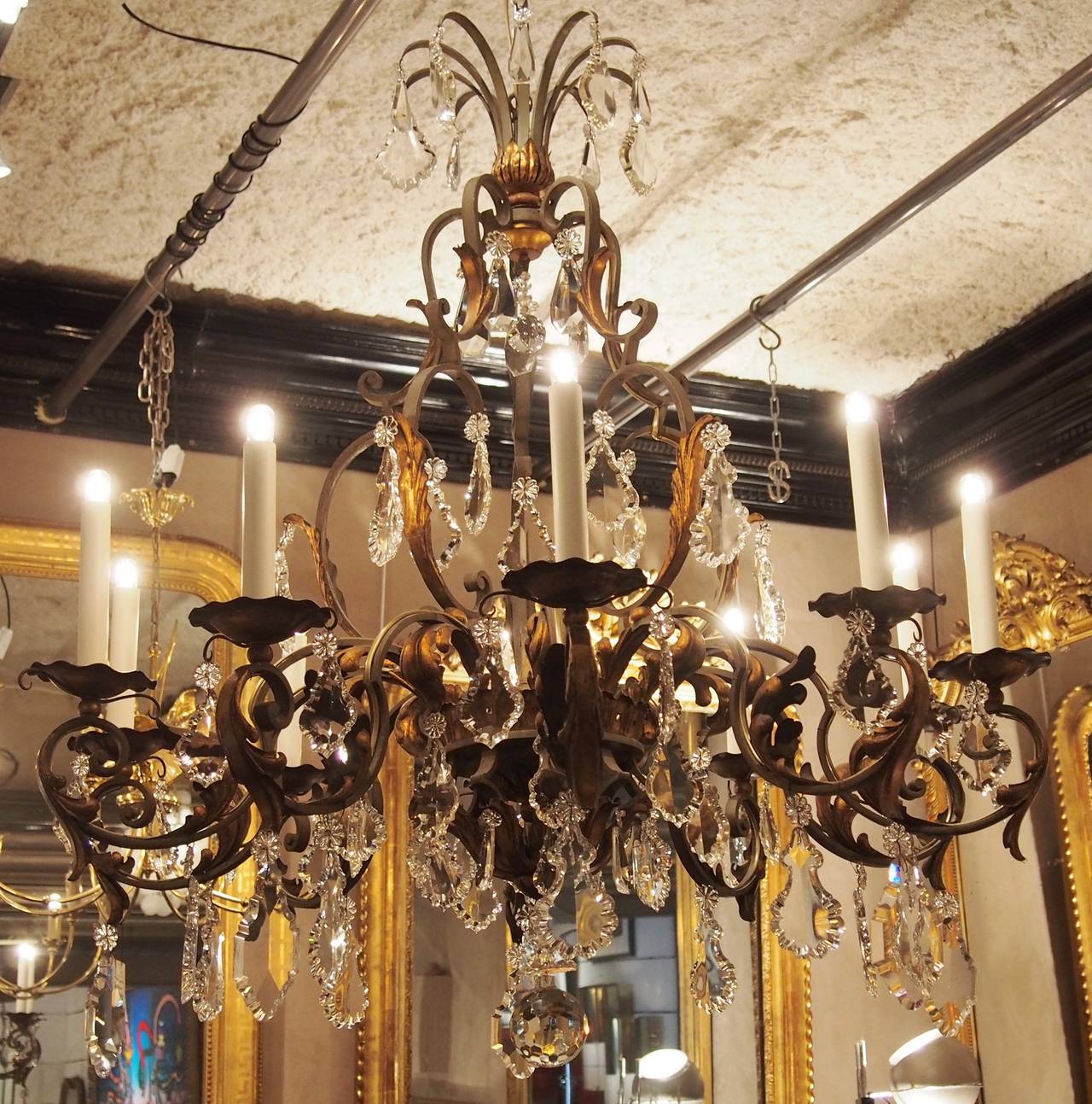 1940 Large Chandelier Wrought Iron and Crystals French