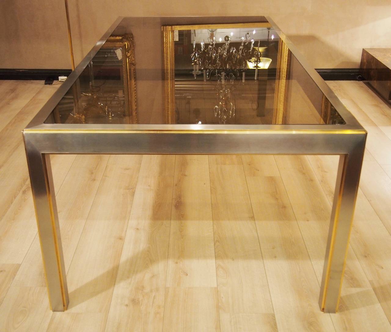 Smoked Glass Stunning Dining Table in Stainless Steel, 1965-1970 For Sale