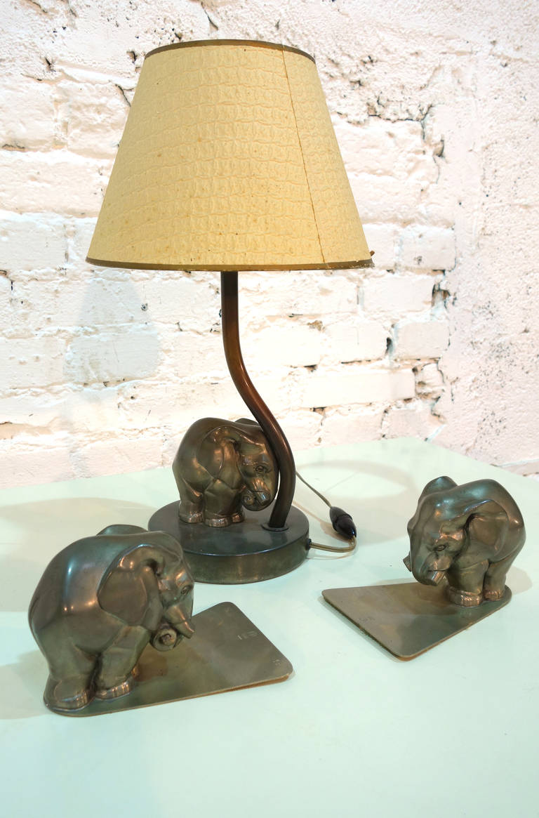 Pair of Art Deco Elephant Bookends with Matching Tabel Lamp